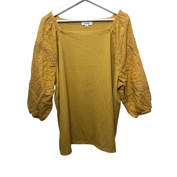 Soleillee Plus Size 2X Yellow Textured Peasant Blouse Puff Sleeve Boho Top - Picture 1 of 13